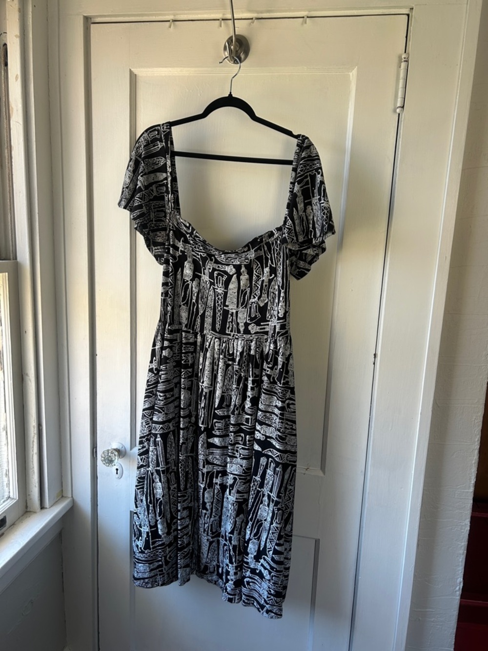 Thief and Bandit Knife Print Black and White Midi Dress with Square Neck